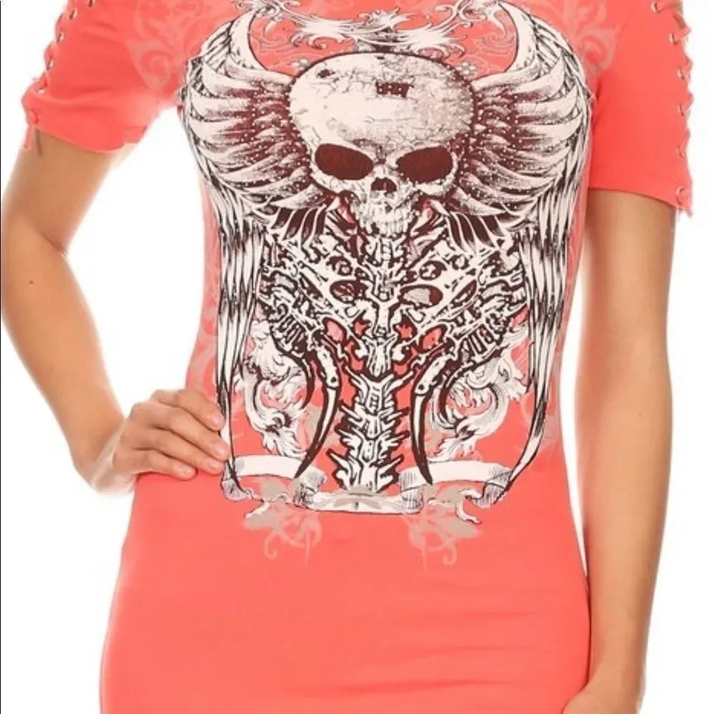 Eyelet Strappy Rhinestone Skull Top Black NWT - Picture 5 of 5